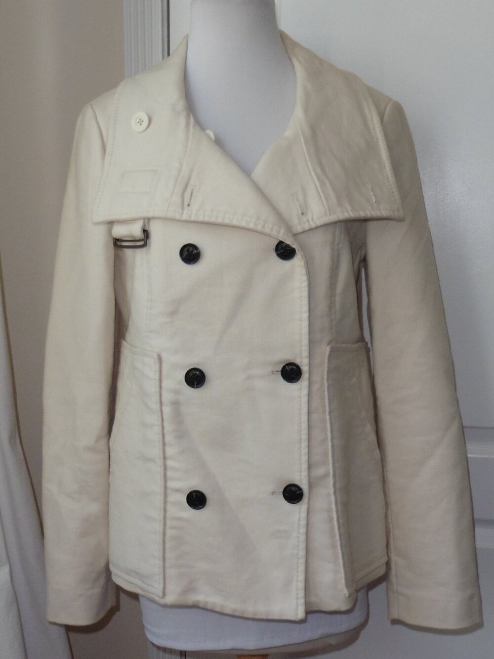 Mango MNG Thick Double Breasted High Neck Off White/Ivory Coat Jacket M